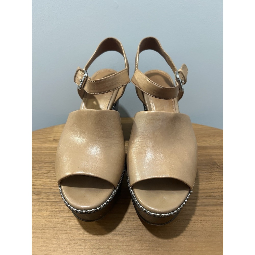 Coach Harla Platform Leather Wedges Bead Trim Sandals Tan Size 7 Ankle Strap